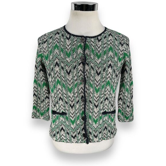 Pendleton Jacquard Cardigan Sweater Womens Small Chevron Green 3/4 Sleeve Cotton - Picture 1 of 11